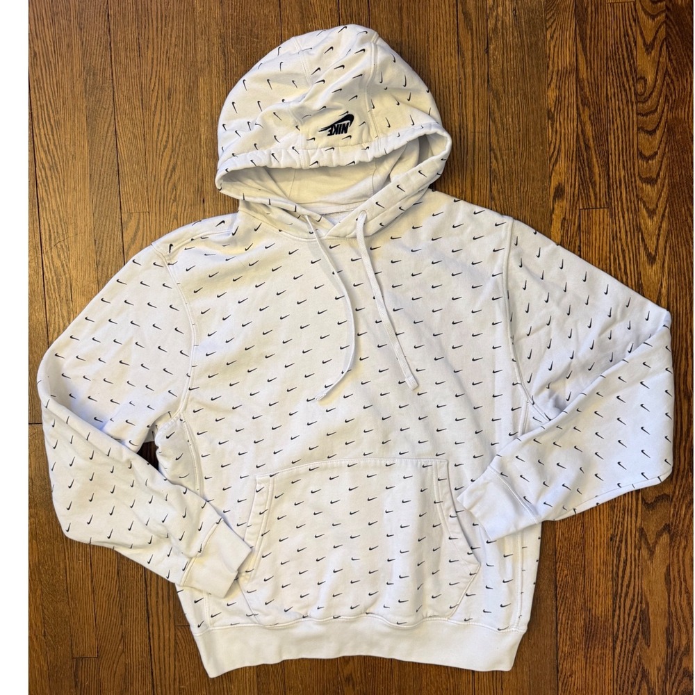 Nike Mens All Over Print Mini Swoosh Hoodie White Black Pullover Sweatshirt